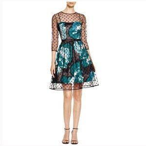 Eliza J Retro polka dot sheer overlay fit-and-flare belted dress 3/4 sleeves  14